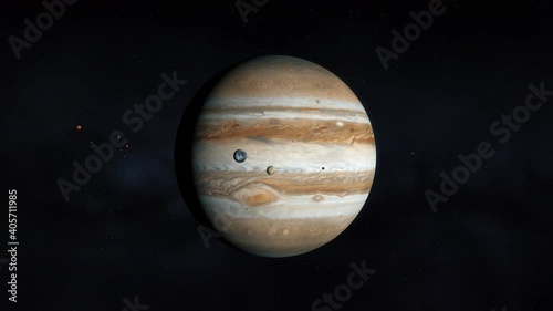 Jupiter and moons, Ganymede and Europe, planets of the solar system, Voyager, space and stars, realistic 3D graphics, 3D Render, video, moving stars, space, planets, stars photo
