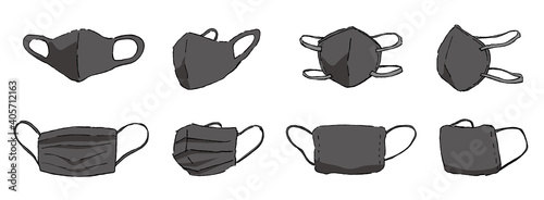 Masks of various shapes and materials Illustration black color set