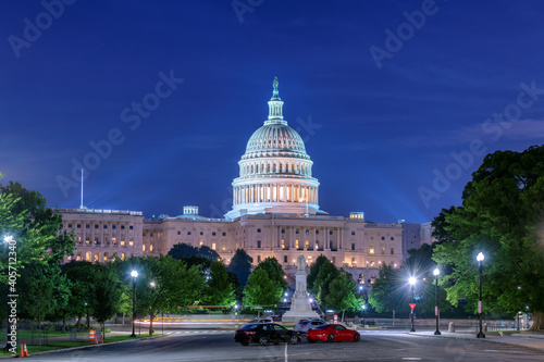 Night view of Washington DC. The United States Capitol Building is the home of the United States Congress and located in Washington DC, USA.