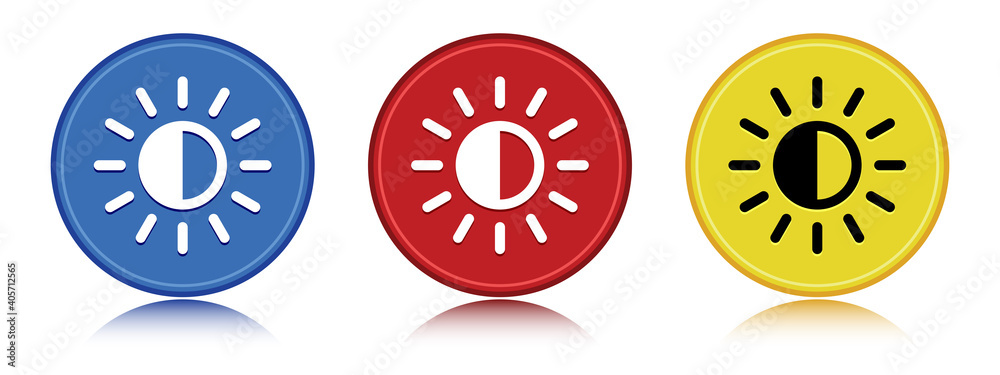Screen brightness sun icon flat round button set illustration