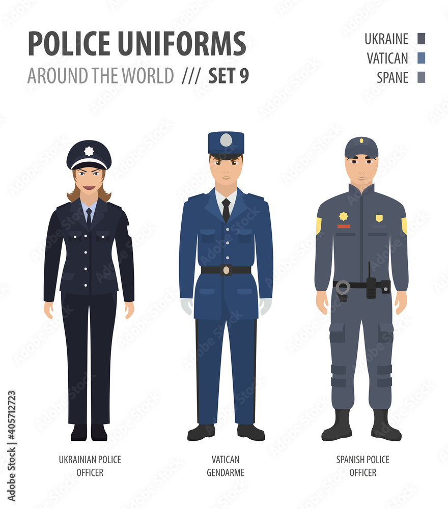 Police uniforms around the world. Suit, clothing of european police officers  vector illustrations set Stock Vector | Adobe Stock