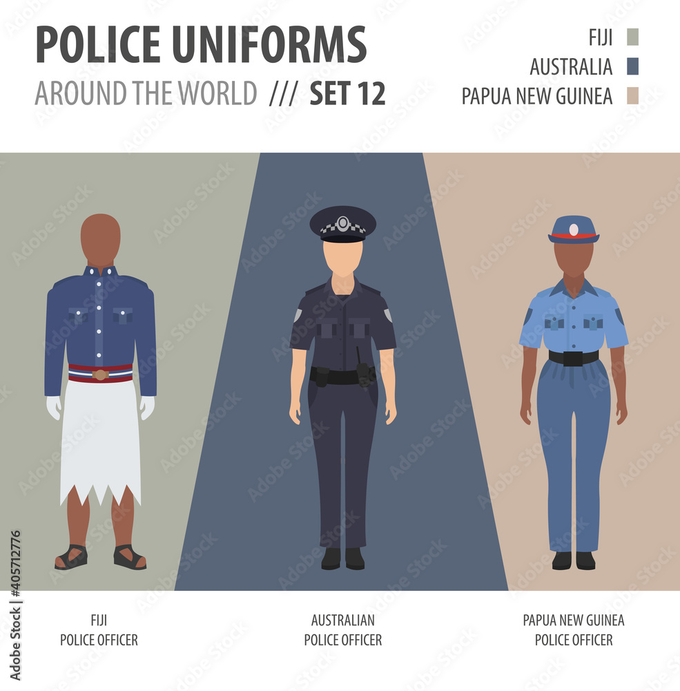 Police uniforms around the world. Suit, clothing of australian and oceanian  police officers vector illustrations set vector de Stock | Adobe Stock