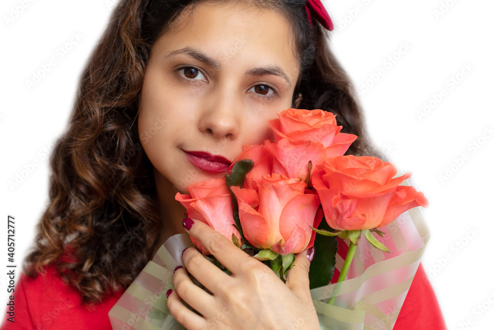 Girl with a bouquet of red roses isolated on a white Girl with a bouquet of red roses isolated on a white