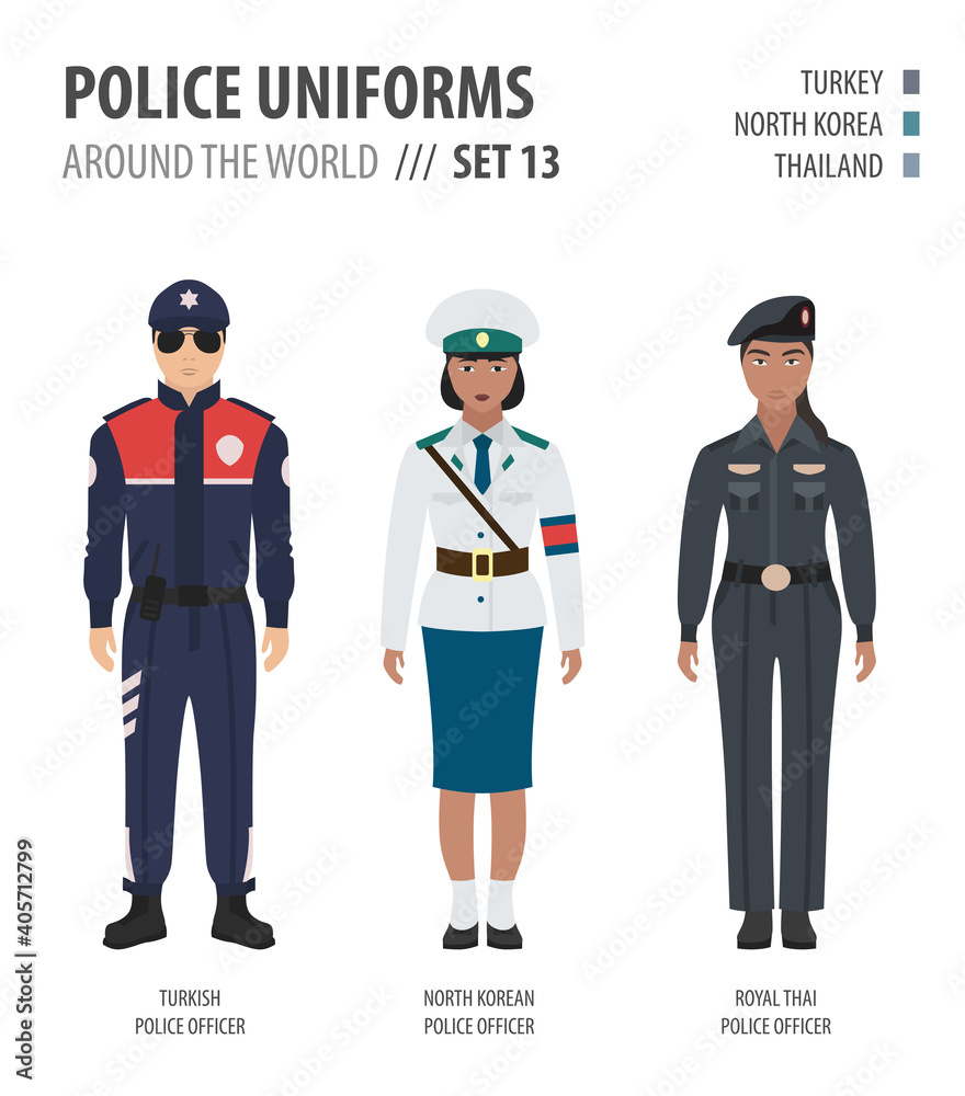 Police uniforms around the world. Suit, clothing of asian police officers vector illustrations set