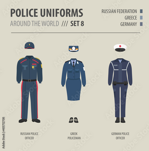Police uniforms around the world. Suit, clothing of european police officers vector illustrations set