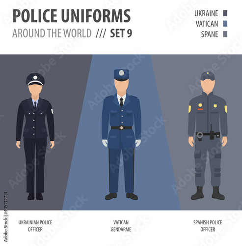 Police uniforms around the world. Suit, clothing of european police officers vector illustrations set