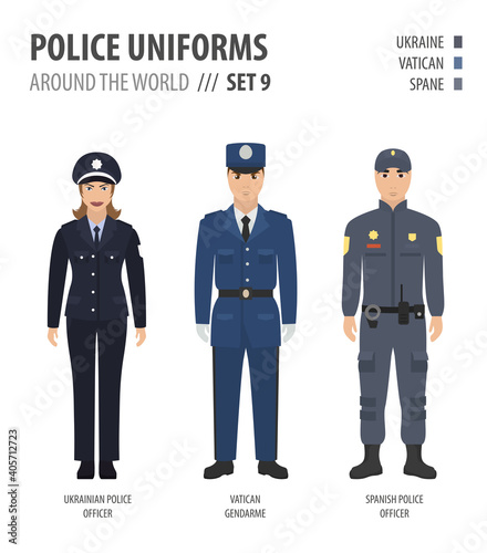 Police uniforms around the world. Suit, clothing of european police officers vector illustrations set