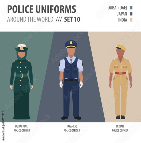 Police uniforms around the world. Suit, clothing of asian and arabian police officers vector illustrations set