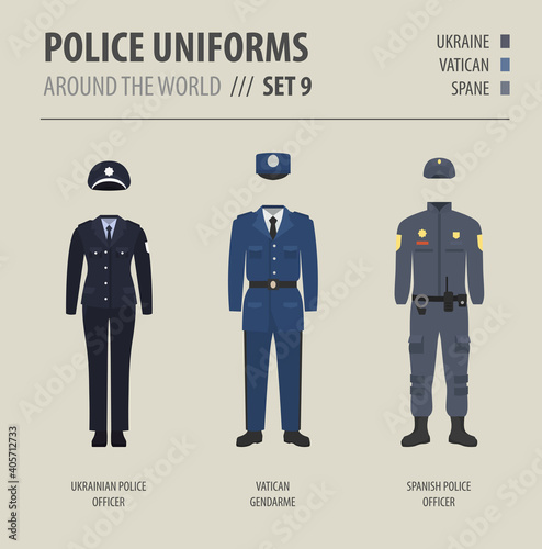 Police uniforms around the world. Suit, clothing of european police officers vector illustrations set