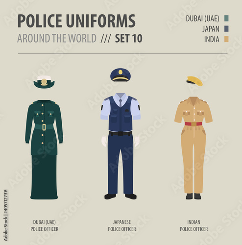 Police uniforms around the world. Suit, clothing of asian and arabian police officers vector illustrations set