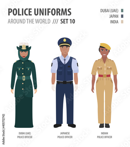 Police uniforms around the world. Suit, clothing of asian and arabian police officers vector illustrations set