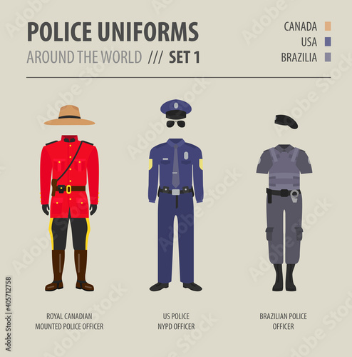 Police uniforms around the world. Suit, clothing of american police officers vector illustrations set