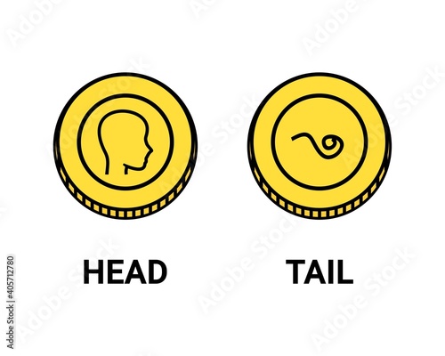 Set of head and tail coin. Toss a coin to make a change and decide. Illustration vector