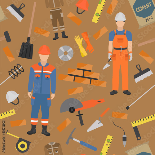 Profession and occupation set. Bricklayer, brick mason tools and equipment. Seamless pattern