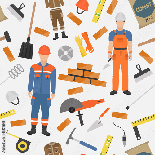 Profession and occupation set. Bricklayer, brick mason tools and equipment. Seamless pattern