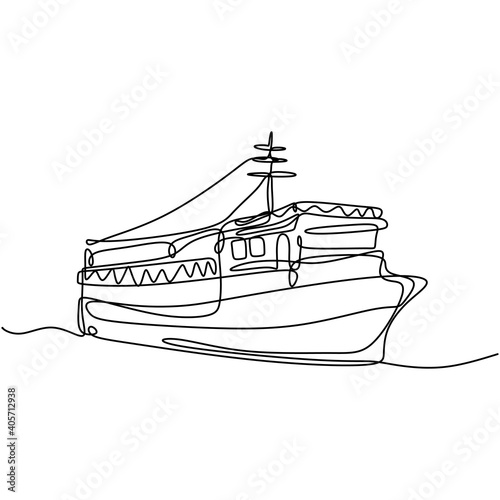 Continuous one line hand drawn of large cruise ship at sea. Royal passenger cruise ship over the marine. Ocean travel vacation concept design sketch outline drawing vector illustration