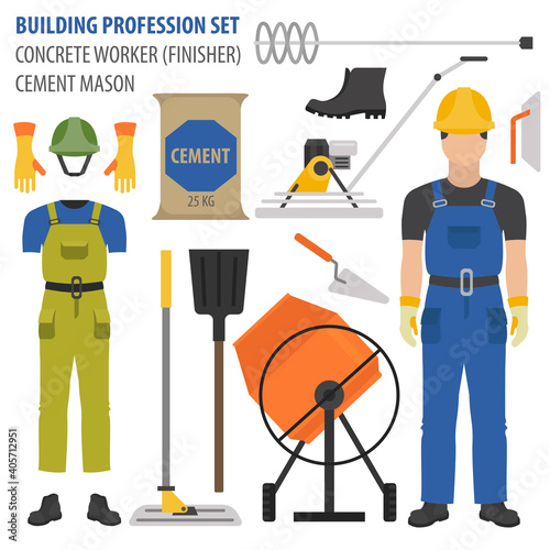 Profession and occupation set. Concrete worker tools and  equipment, mason`s uniform flat design icon