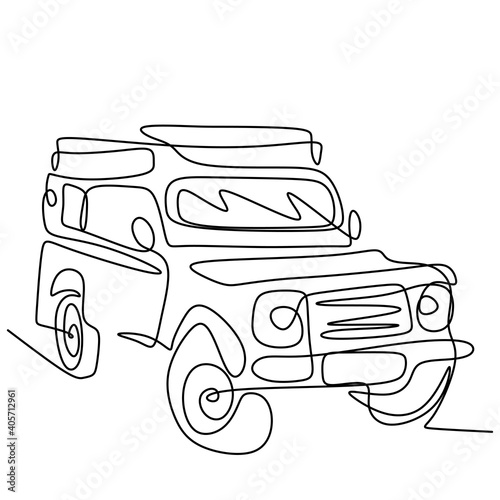 One continuous single drawn line of jeep wrangler car. A classical jeep isolated on white background. Adventure offroad rally vehicle transportation concept. Minimalism design. Vector illustration