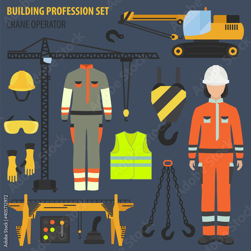 Profession and occupation set. Crane operator tools and  equipment. Uniform flat design icon