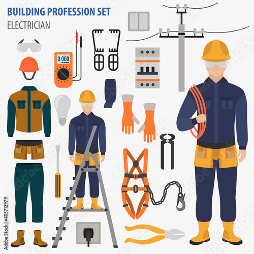 Profession and occupation set. Electrician tools and equipment. Uniform flat design icon