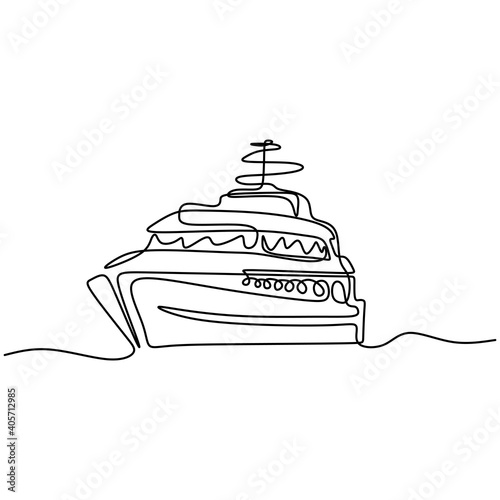 Continuous one line hand drawn of large cruise ship at sea. Royal passenger cruise ship over the marine. Ocean travel vacation concept design sketch outline drawing vector illustration