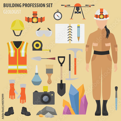 Profession and occupation set. Geologist tools and equipment. Uniform flat design icon