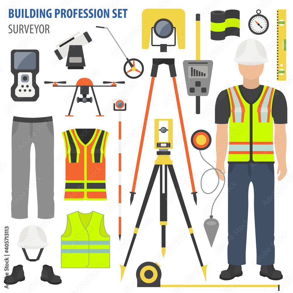 Profession and occupation set. Land surveyor tools and  equipment. Uniform flat design icon - obrazy, fototapety, plakaty 