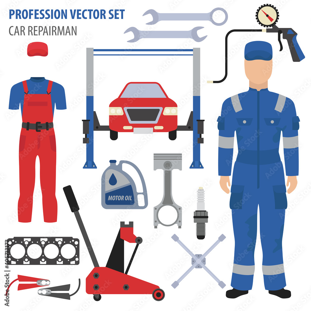 Profession and occupation set.Car repairman`s equipment, car repair station staff uniform flat design icon Profession and occupation set.Car repairman`s equipment, car repair station staff uniform flat design icon