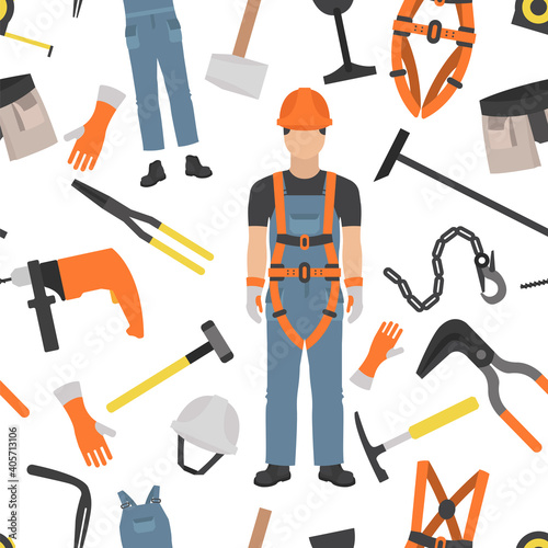 Profession and occupation set. Roofer tools and equipment. Seamless pattern