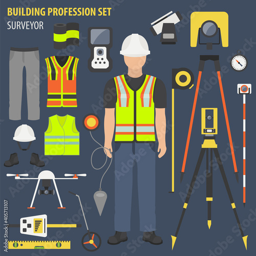 Profession and occupation set. Land surveyor tools and  equipment. Uniform flat design icon