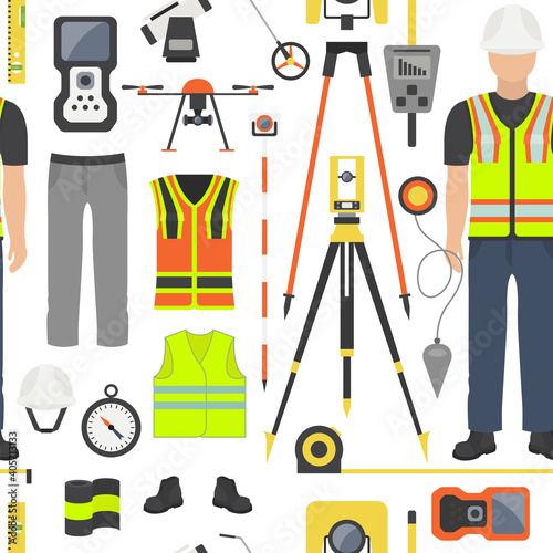 Profession and occupation set. Land surveyor tools and  equipment. Seamless pattern