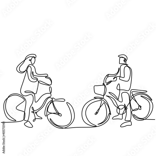 One continuous line drawing of happy young couple take a walk with bicycle. Loving male and female in bicycle romantically rides together at the outdoor park. Love relationship concept.