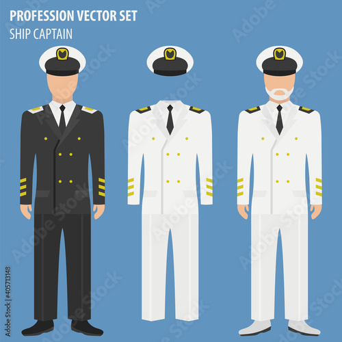 Profession and occupation set. Ship captain suit and equipment. Uniform flat design icon