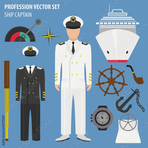 Profession and occupation set. Ship captain suit and equipment. Uniform flat design icon