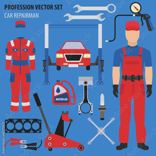 Profession and occupation set.Car repairman`s equipment, car repair station staff uniform flat design icon
