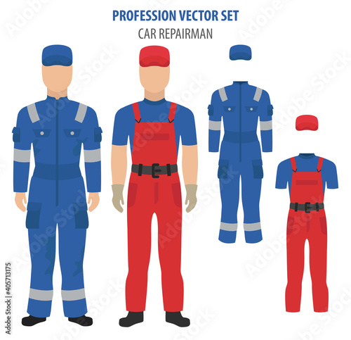 Profession and occupation set.Car repairman`s equipment, car repair station staff uniform flat design icon