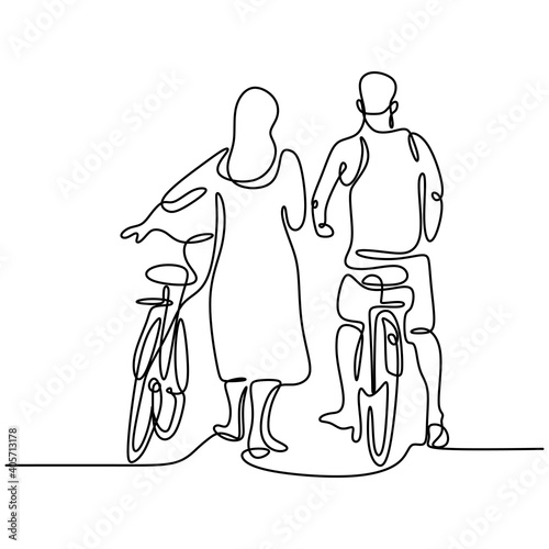 One continuous line drawing of happy young couple take a walk with bicycle. Loving male and female in bicycle romantically rides together at the outdoor park. Love relationship concept.