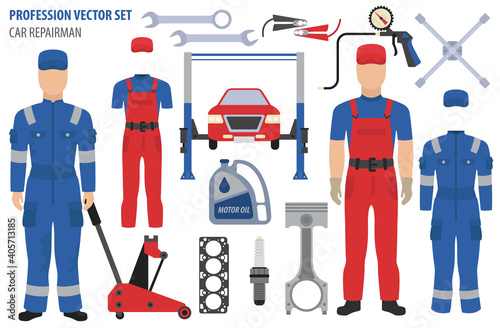 Profession and occupation set.Car repairman`s equipment, car repair station staff uniform flat design icon