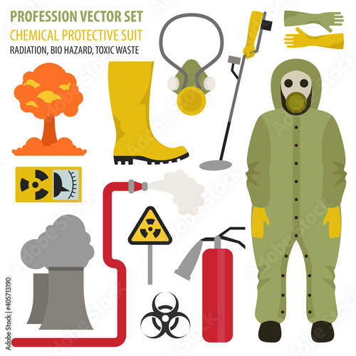 Profession and occupation set. Chemical protective suit flat design icon. The rescuer eliminates radiation, toxic waste.
