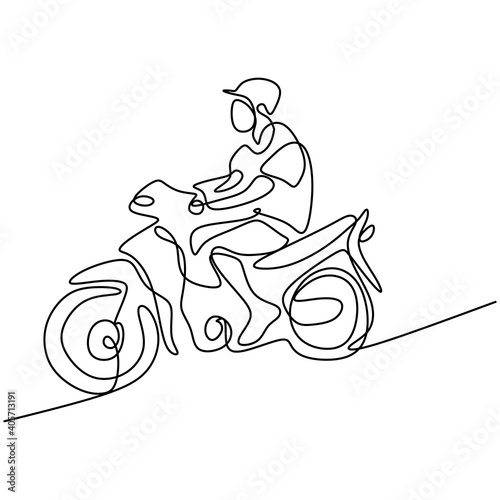 Continuous one line art design of young male with scooter matic. A teenager man wearing helmet and riding motorcycle hand drawn in minimalism style. Vintage motorbike concept. Vector illustration