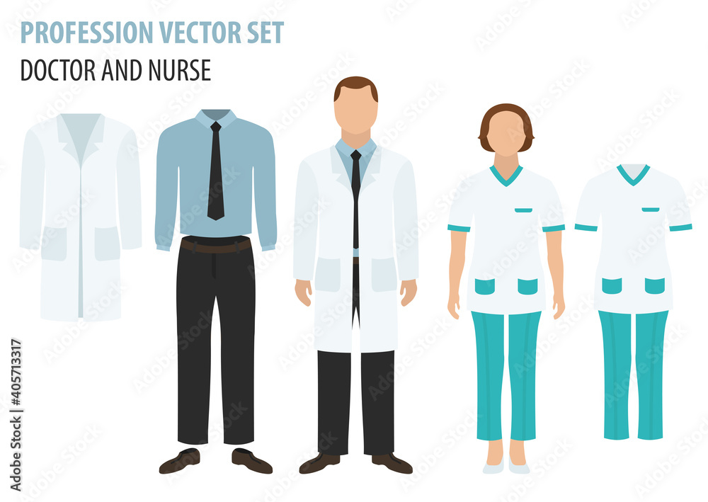 Profession and occupation set. Doctor`s workplace, medical staff uniform flat design icon