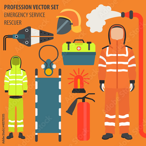 Profession and occupation set. Rescuer`s equipment, emergency service staff uniform flat design icon