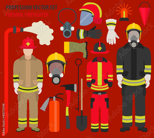 Profession and occupation set. Fireman equipment, firefighter service staff uniform flat design icon