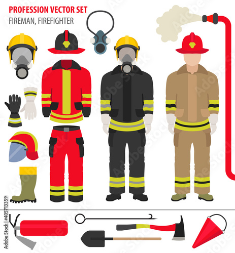 Profession and occupation set. Fireman equipment, firefighter service staff uniform flat design icon