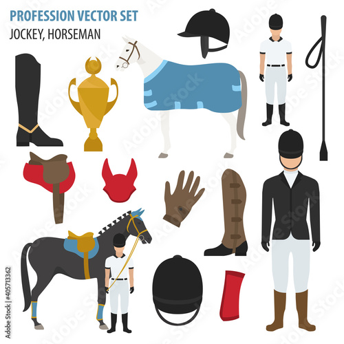 Profession and occupation set. jockey  equipment, horseman flat design icon