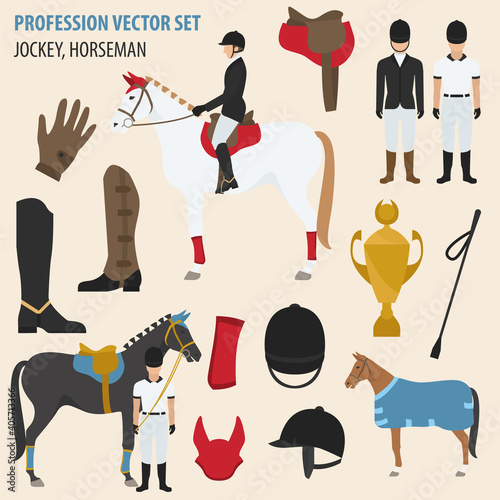Profession and occupation set. jockey  equipment, horseman flat design icon