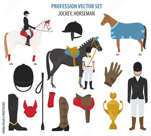 Profession and occupation set. jockey  equipment, horseman flat design icon.Vector illustration