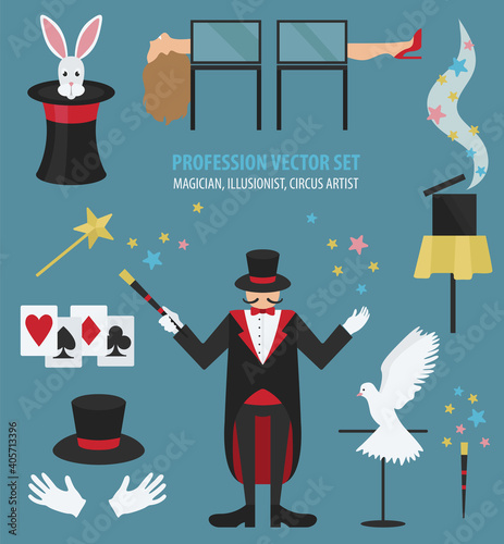 Profession and occupation set. Magician, illusionist, circus artist flat design icon. Vector illustration