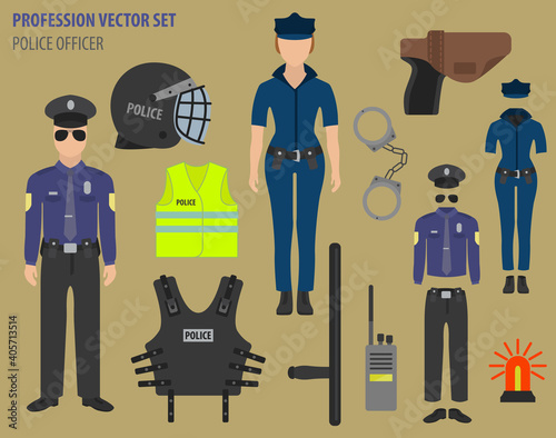 Profession and occupation set. Police officer equipment, uniform flat design icon