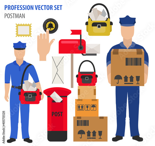 Profession and occupation set. Postman`s equipment, uniform flat design icon